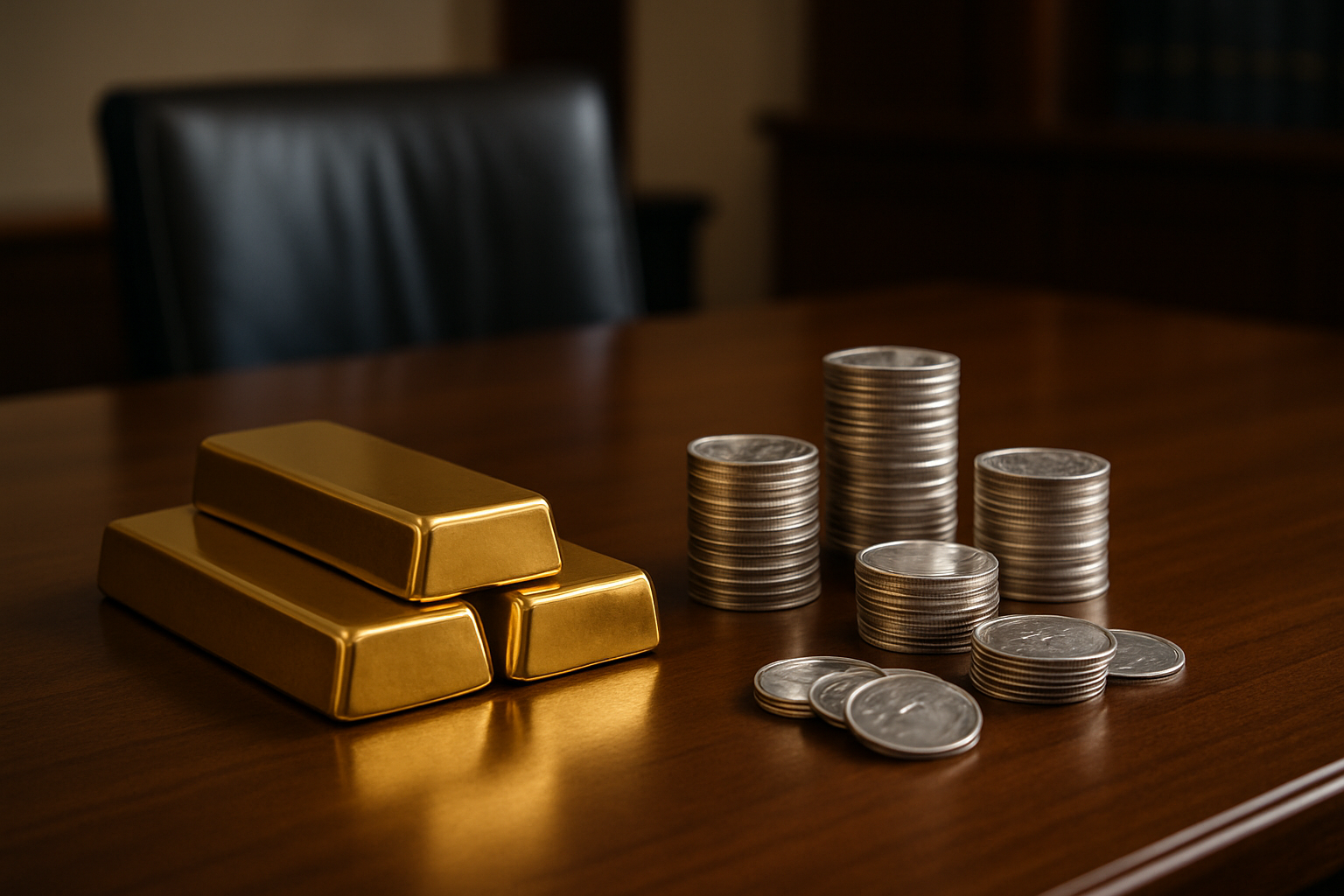 Lingots d'or et pièces d'argent sur une table, symbolisant la stabilité et la sécurité des investissements en métaux précieux.