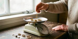 Femme pesant ses bijoux en or hérités sur une balance de cuisine avant de choisir à qui les vendre