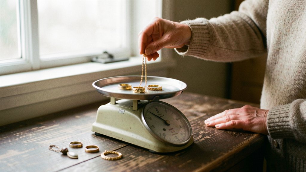 Femme pesant ses bijoux en or hérités sur une balance de cuisine avant de choisir à qui les vendre