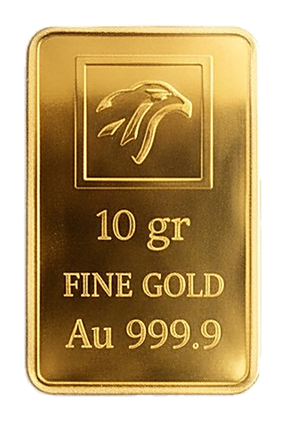 Plongée vers le poinçon tête d'aigle du lingot d'or de 10 grammes, jusqu'à l'œil de l'aigle