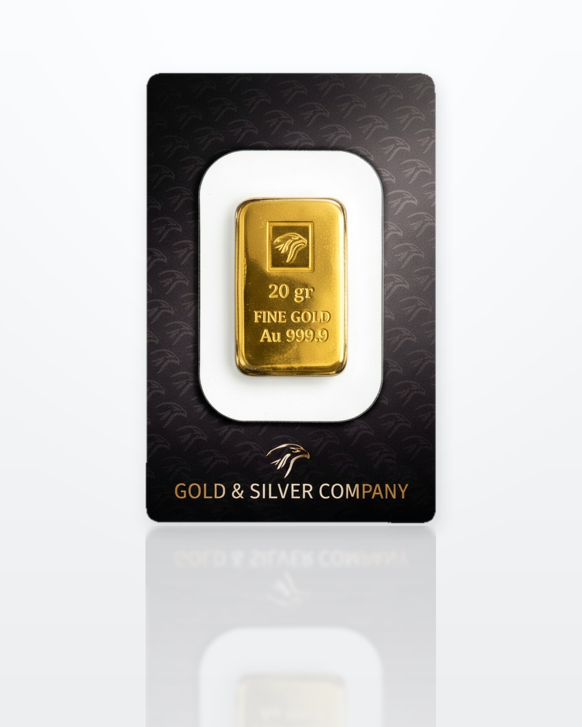 Lingot d'or de 20 grammes Gold & Silver Company scellé sous blister, poinçon tête d'aigle, FINE GOLD, Au 999,9