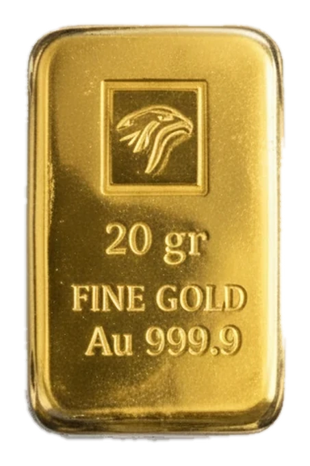 Lingot d'or de 20 grammes Gold & Silver Company, or fin Au 999,9, poinçon tête d'aigle