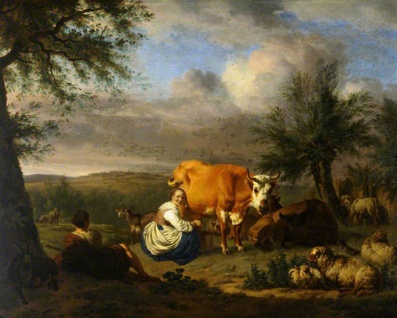Adriaen van de Velde, Paysage, la traite de la vache, 1669 : une laitière trait une vache rousse et blanche dans un pâturage